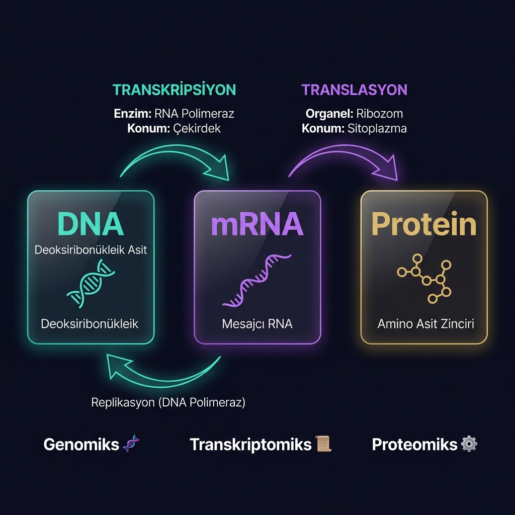 Merkezi Dogma: DNA→mRNA→Protein
